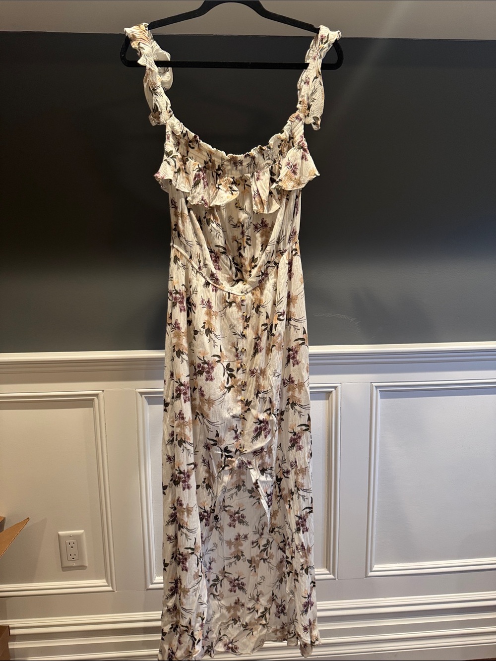 Floral Ruffled Maxi Dress - Cream with Purple Floral off the shoulder